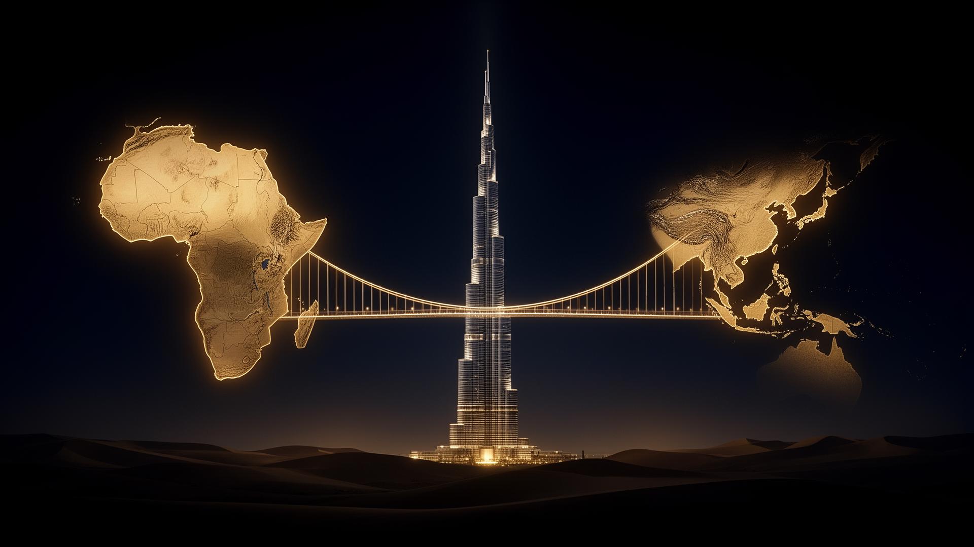Dubai skyline at dusk rising above desert dunes